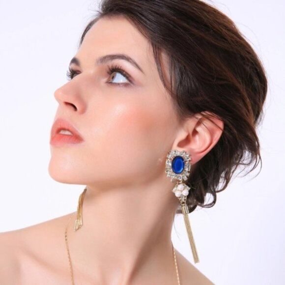 Blue Rhinestone Crystal Pearl Tassel Fringe Gold Clip On Statement Earrings - Picture 6 of 13